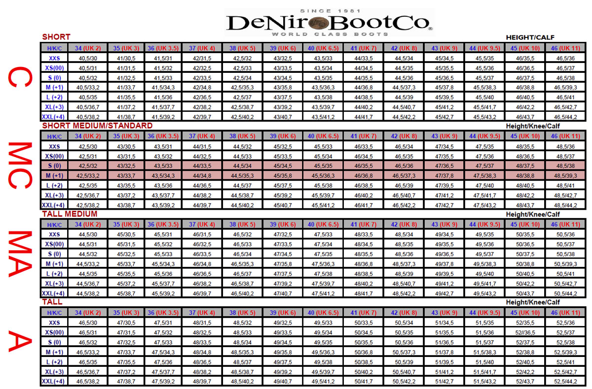 DeNiro Boot Size Chart