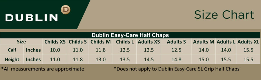 Dublin Easy Care Half Chaps Size Chart