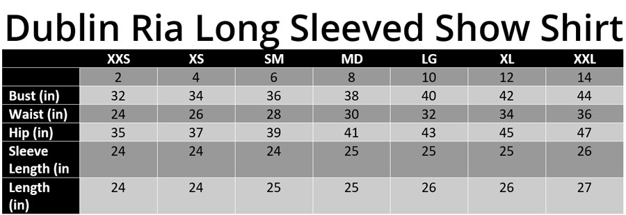 Dublin Ria Long Sleeved Show Shirt Size Chart