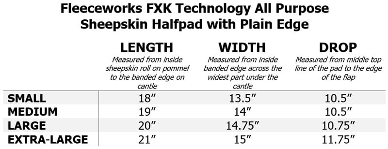 Fleeceworks FXK All Purpose Half Pad Size Chart