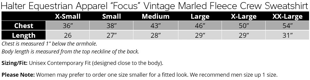 Halter Equestrian Apparel Focus Vintage Marled Fleece Crew Sweatshirt  Size Chart