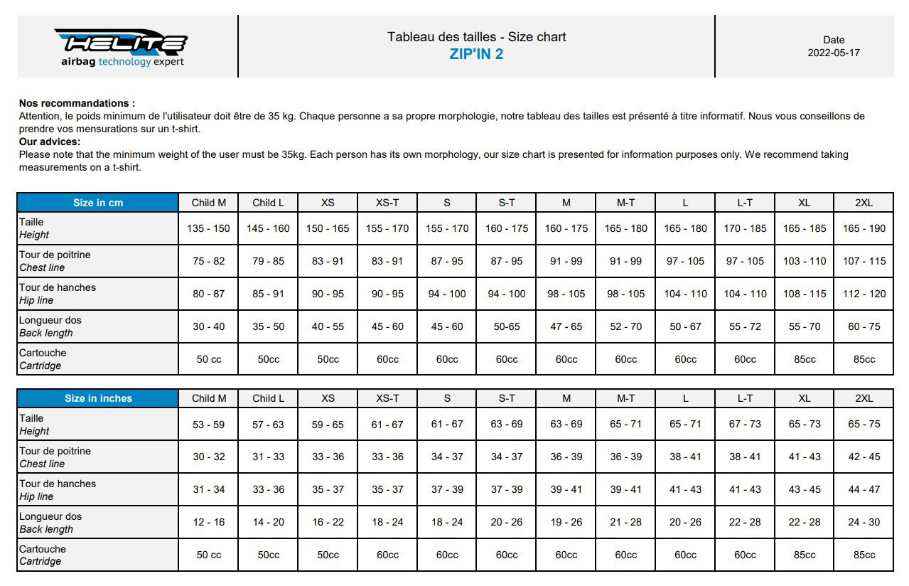 Helite Zip'in 2 Size Chart