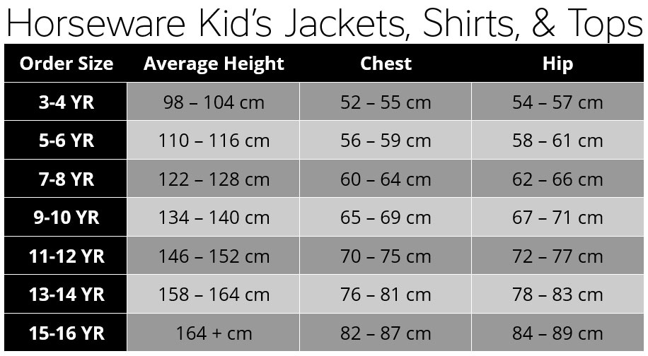 Horseware Youth  Tops, Shirts & Jackets Size Chart
