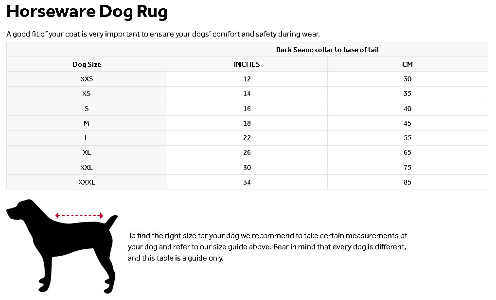 Horseware Signature Dog Coat Size Chart