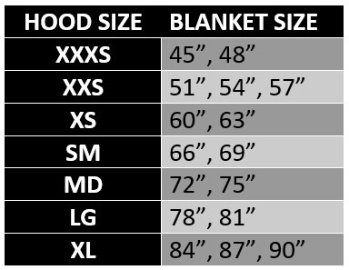 Horseware Hood/Neck Cover Size Chart