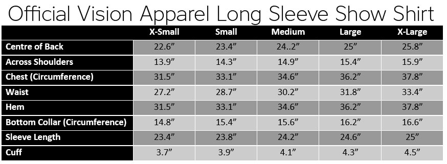 Official Vision Apparel Long Sleeve Show Shirt Size Chart