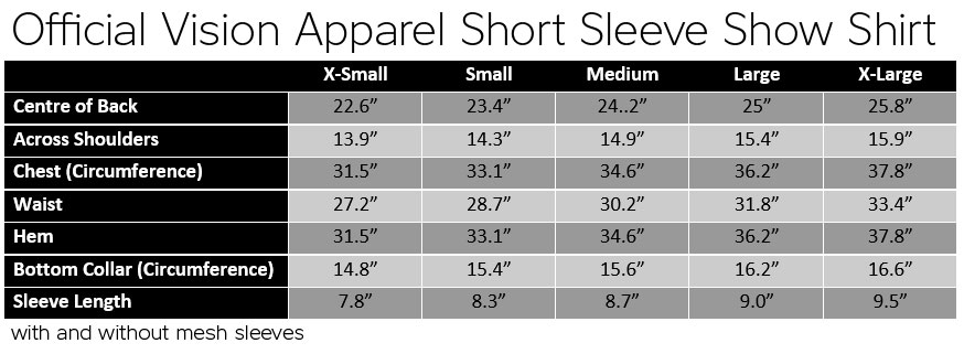 Official Vision Apparel Short Sleeve Show Shirt Size Chart