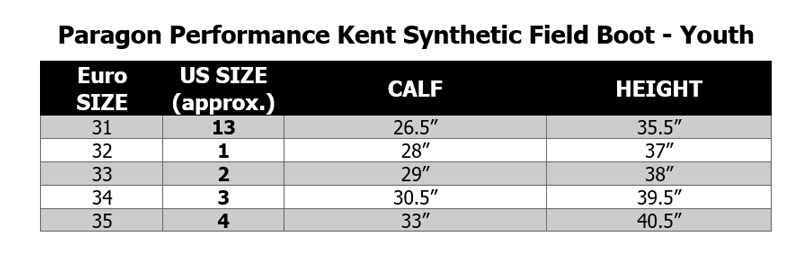  Paragon Performance Kent Synthetic Field Boot - Youth Size Chart