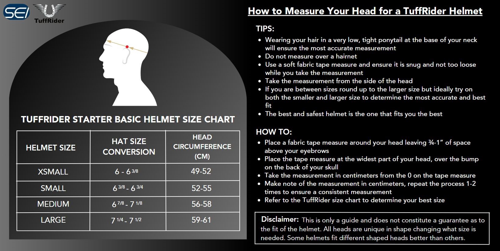 TuffRider Starter Basic Helmet Size Chart